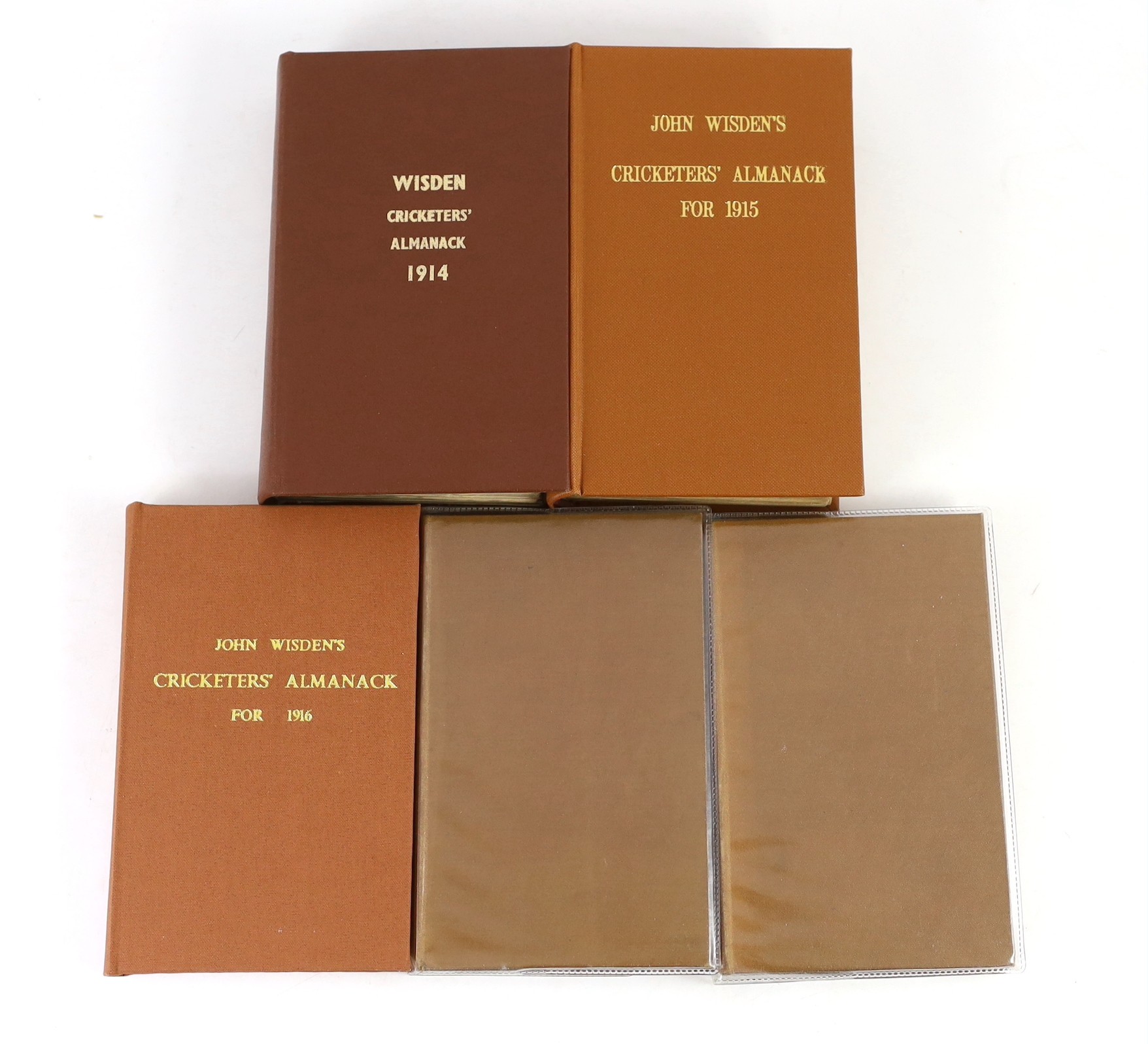 Wisden, John - Cricketers’ Almanack for the First World War Years - 1914 (51st edition) - 1918 (55th edition), all rebound brown cloth gilt, and retaining original paper wrappers, bar issues of 1917-18, which lack wrappe